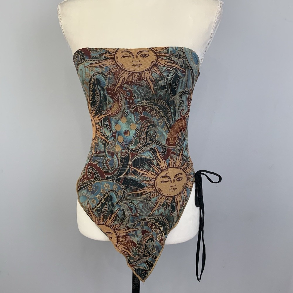 Celestial Sun Paisley Mesh Asymmetrical Ruched Tie Strapless Tube Top Y2K Small - Picture 1 of 6